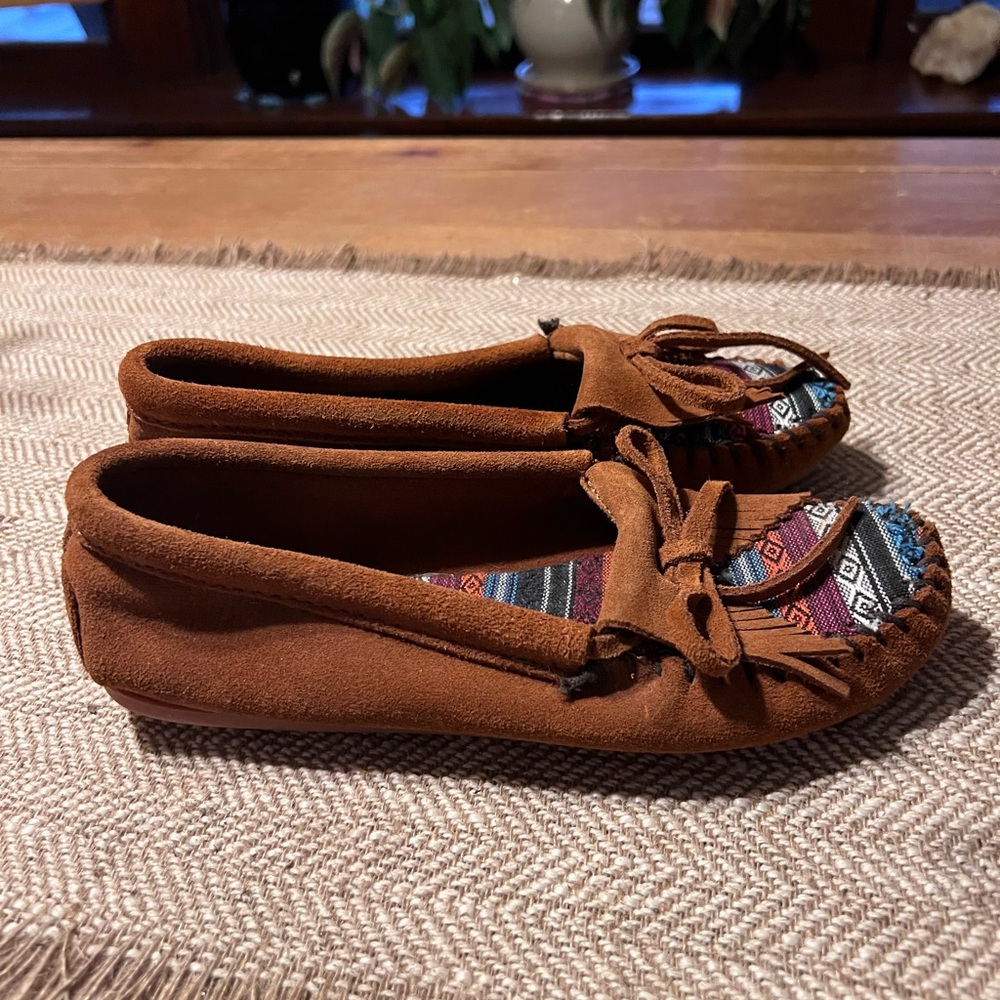 Minnetonka Brown Moccasins with Colorful Pattern